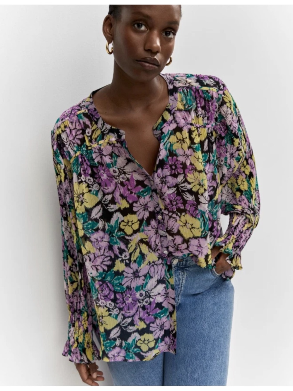 Mango Sheer Floral Purple Yellow Smocked Ruffle Cuff Chiffon Top Blouse XS